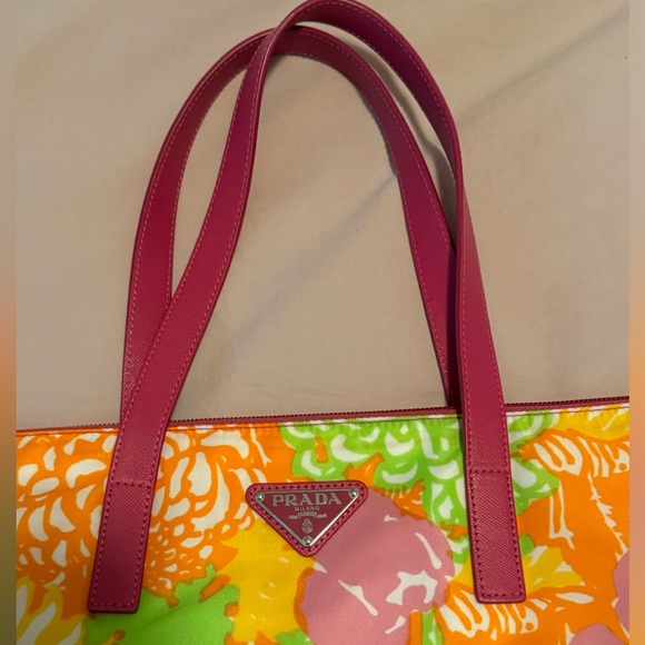 Prada Tessuto Nylon Colorful Floral Tote Bag With Leather Top Handle Straps - Picture 3 of 8